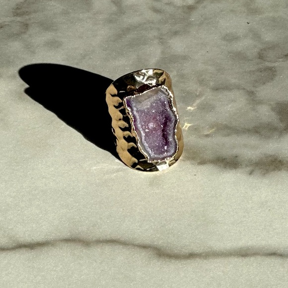 NEW Luxury Natural Stone Adjustable Crystal Irregular Geode Gold-plated Ring - Picture 4 of 9